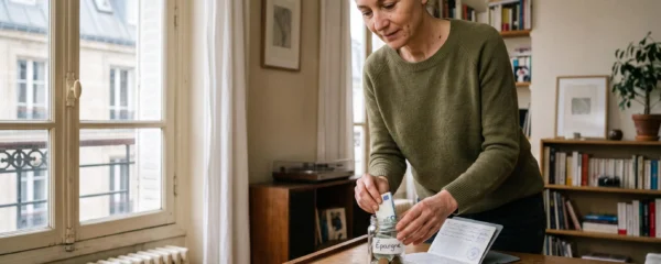 Une femme dépose un billet dans un pot de verre posé sur une table console à côté d'un livret bancaire ouvert, dans son salon.