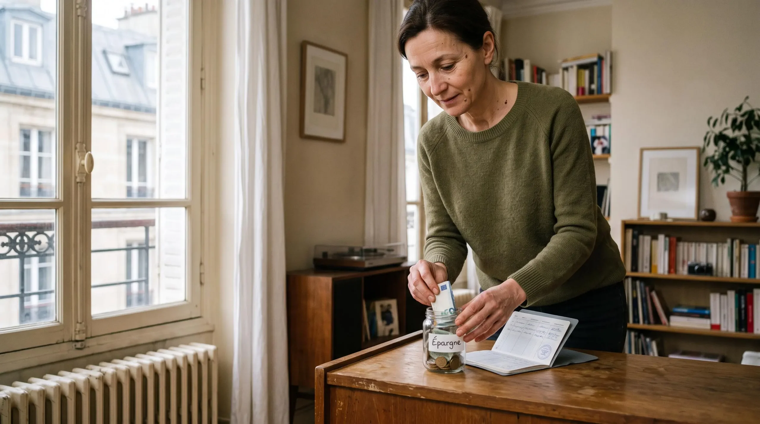 Une femme dépose un billet dans un pot de verre posé sur une table console à côté d'un livret bancaire ouvert, dans son salon.