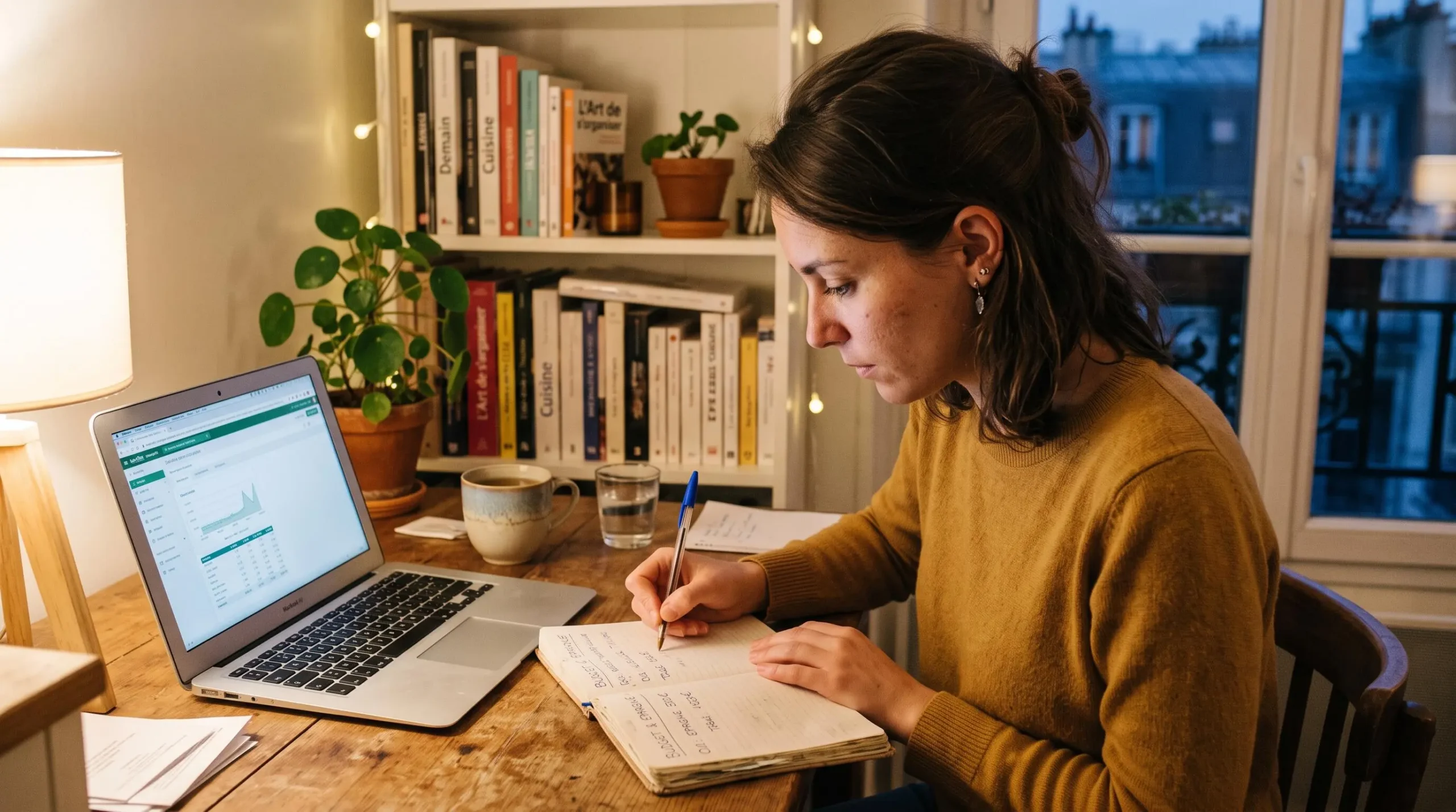 Une jeune femme assise à son bureau note un montant d'épargne dans un carnet, un ordinateur portable à côté d'elle.