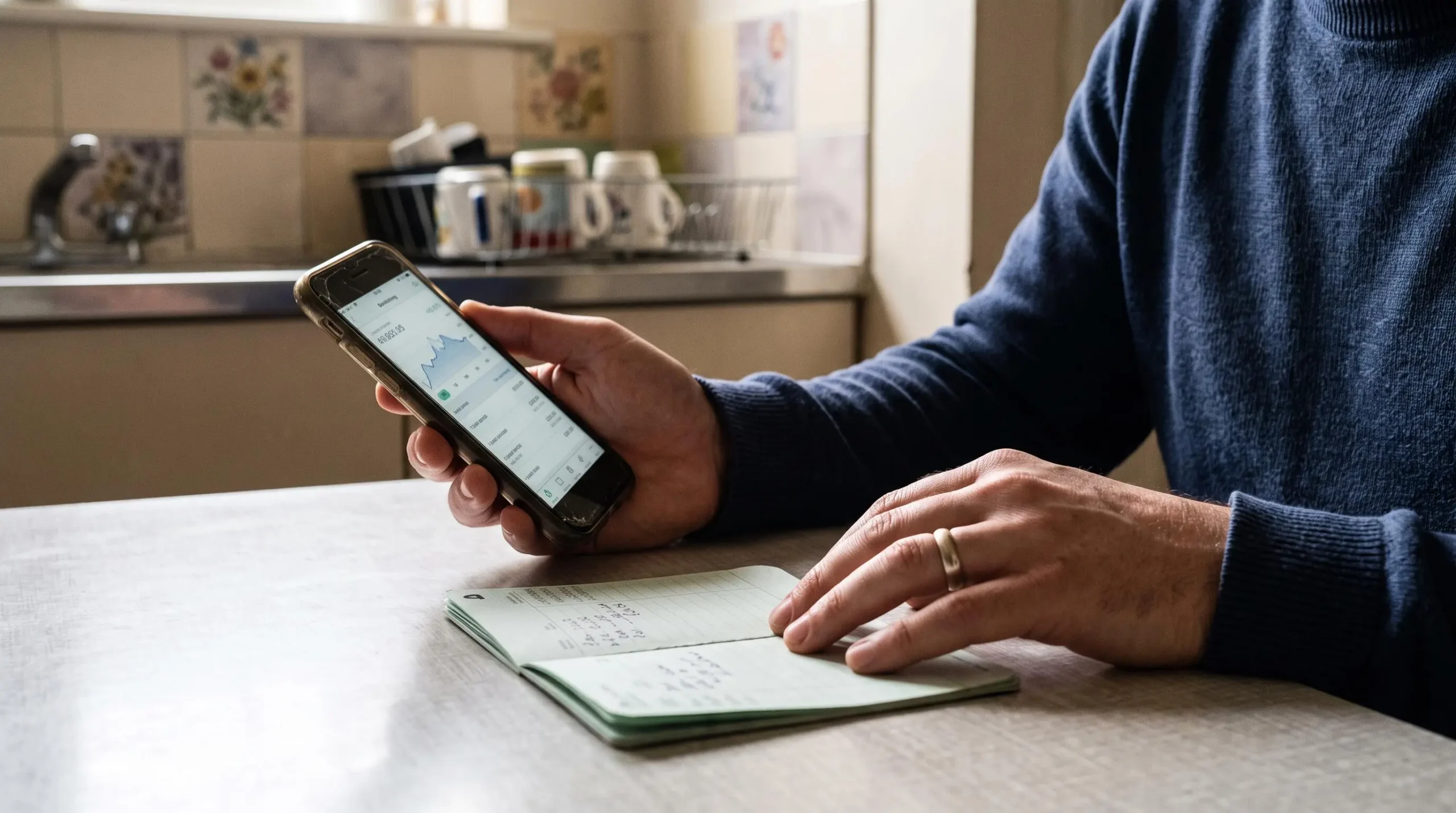 Gros plan sur les mains d'un homme tenant un smartphone affichant une application bancaire générique à côté d'un livret ouvert sur une table de cuisine.